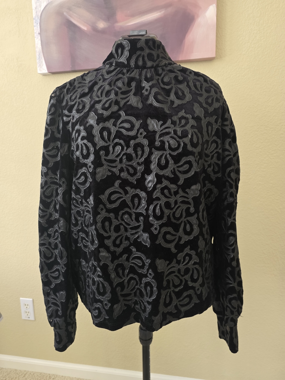Black Velvet Burnout Blouse with Gray Damask Motif